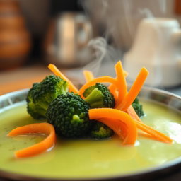A delicious bowl of broccoli soup garnished with thin slices of vibrant orange carrots