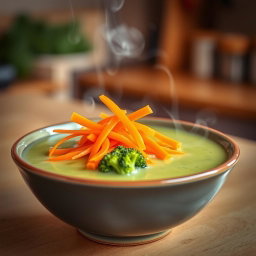 A delicious bowl of broccoli soup garnished with thin slices of vibrant orange carrots