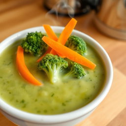 A delicious bowl of broccoli soup garnished with thin slices of vibrant orange carrots