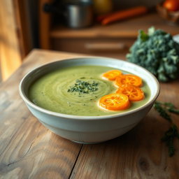 A delicious and creamy broccoli soup garnished with vibrant slices of fresh carrots