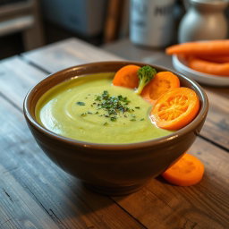 A delicious and creamy broccoli soup garnished with vibrant slices of fresh carrots