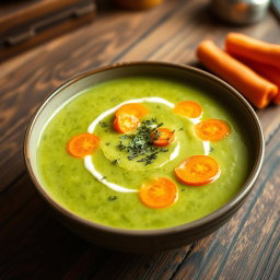 A delicious and creamy broccoli soup garnished with vibrant slices of fresh carrots
