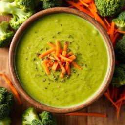 A steaming bowl of creamy broccoli soup topped with freshly grated carrots