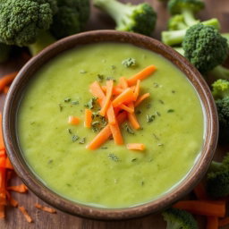 A steaming bowl of creamy broccoli soup topped with freshly grated carrots