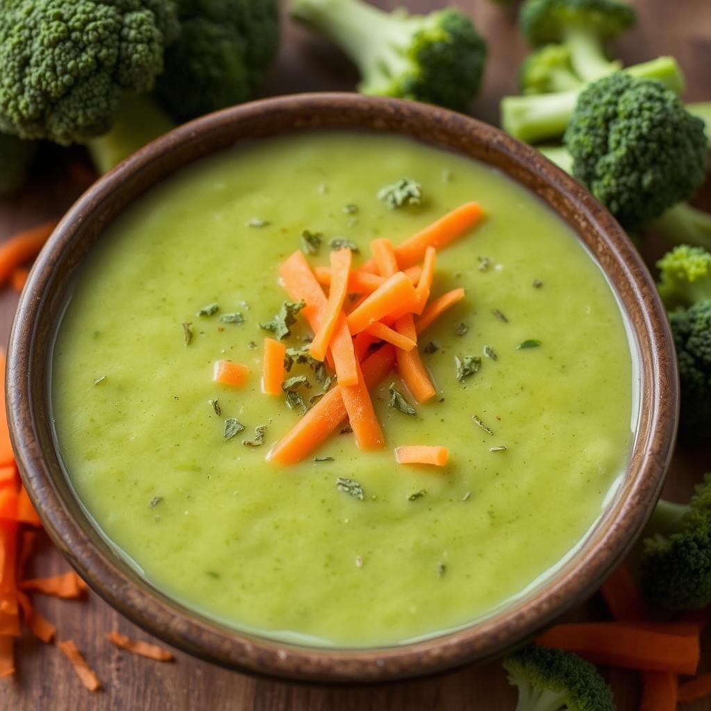 A steaming bowl of creamy broccoli soup topped with freshly grated carrots