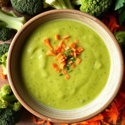 A steaming bowl of creamy broccoli soup topped with freshly grated carrots