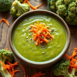 A steaming bowl of creamy broccoli soup topped with freshly grated carrots