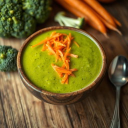 A delicious bowl of broccoli soup garnished with grated carrots