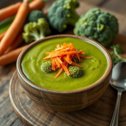 A delicious bowl of broccoli soup garnished with grated carrots