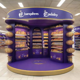 An elegantly adorned Cadbury chocolate stand at a supermarket with Ramadan-inspired motifs. This curvy, Islamic-shaped stand showcases shelves of delectable treats bathed in warm light and adorned with Ramadan lanterns, setting up a festive atmosphere.