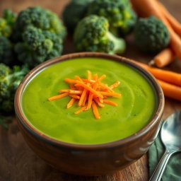 A delicious bowl of broccoli soup garnished with grated carrots