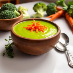 A delicious bowl of broccoli soup garnished with grated carrots
