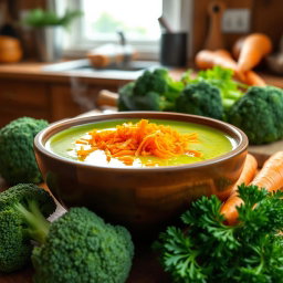 A delicious bowl of broccoli soup, vibrant green in color, with finely grated orange carrots sprinkled on top for garnish