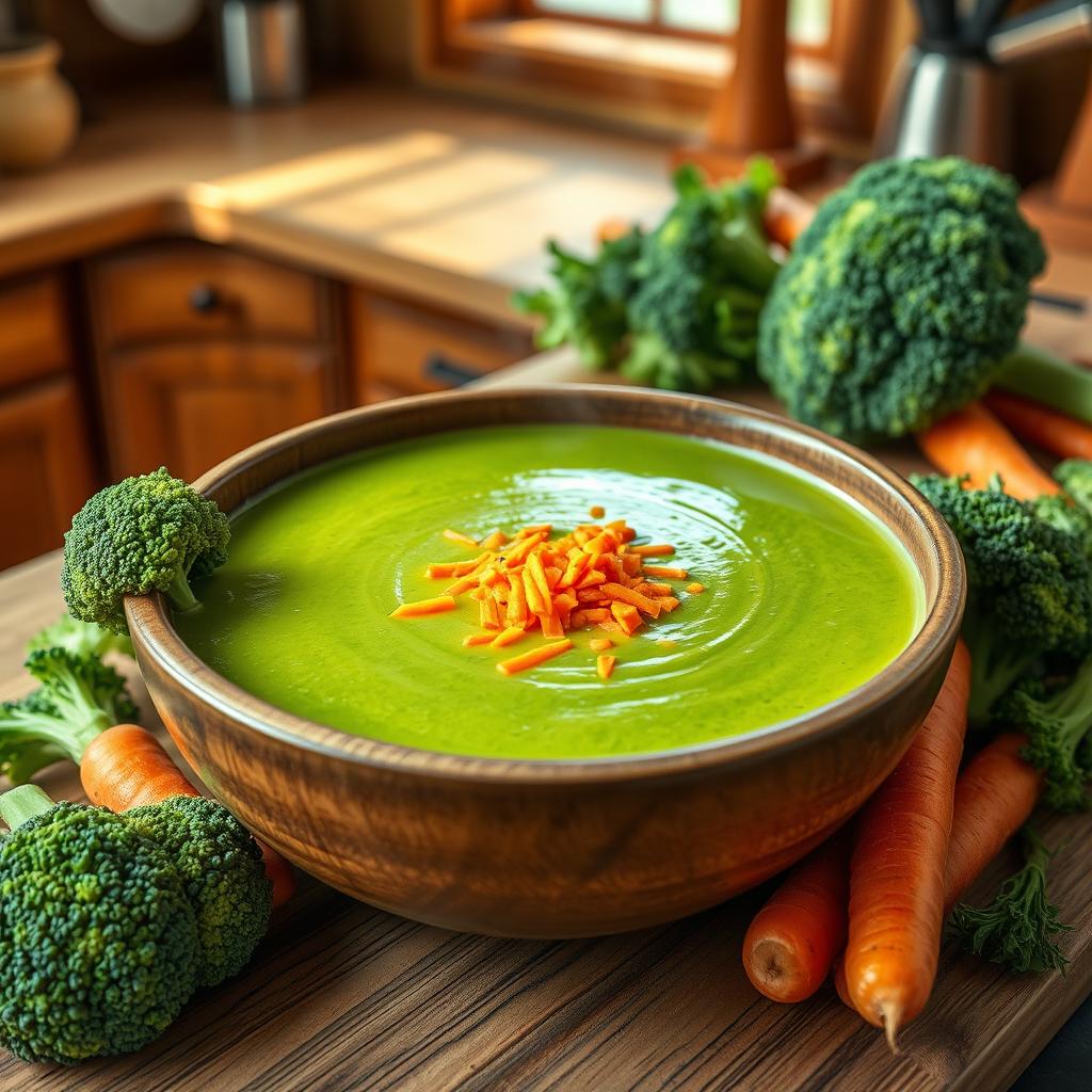 A delicious bowl of broccoli soup, vibrant green in color, with finely grated orange carrots sprinkled on top for garnish