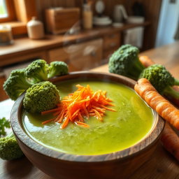 A delicious bowl of broccoli soup, vibrant green in color, with finely grated orange carrots sprinkled on top for garnish