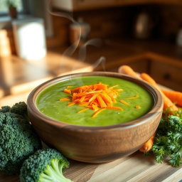 A delicious bowl of broccoli soup, vibrant green in color, with finely grated orange carrots sprinkled on top for garnish