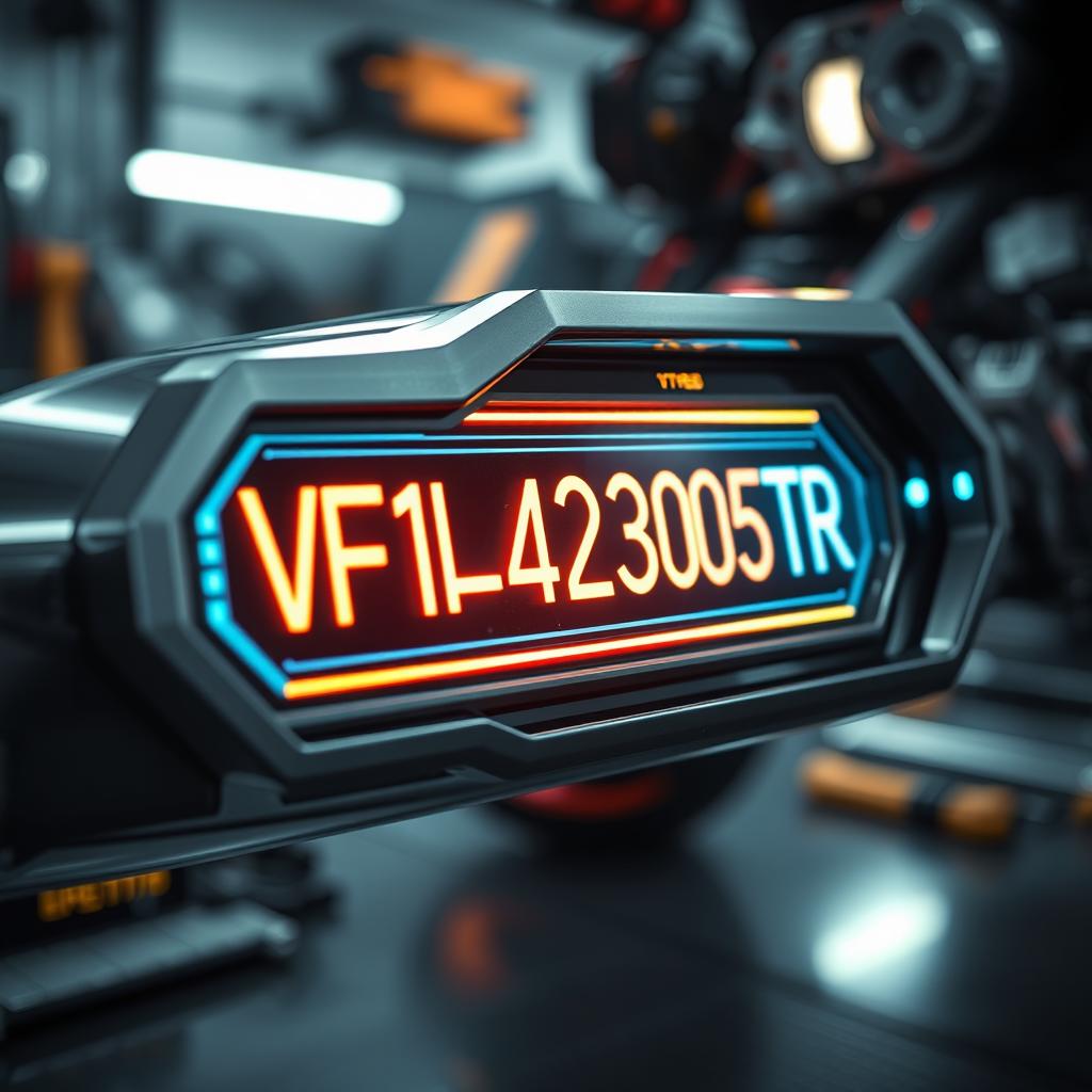 An intricate close-up of a futuristic vehicle's serial number plate, focusing on the alphanumeric code 'VF1L42305TR250975'