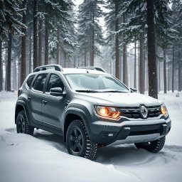 A Renault 9 4x4 parked in a snowy forest, surrounded by tall pine trees adorned with snowflakes