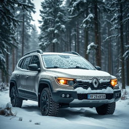 A Renault 9 4x4 parked in a snowy forest, surrounded by tall pine trees adorned with snowflakes