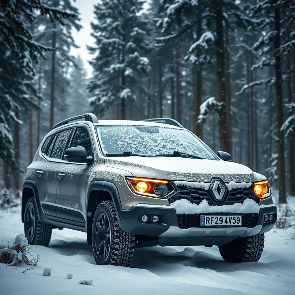 A Renault 9 4x4 parked in a snowy forest, surrounded by tall pine trees adorned with snowflakes