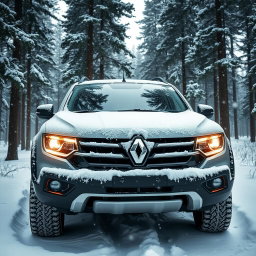 A Renault 9 4x4 parked in a snowy forest, surrounded by tall pine trees adorned with snowflakes