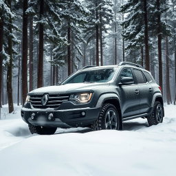 A Renault 9 4x4 parked in a snowy forest, surrounded by tall pine trees adorned with snowflakes