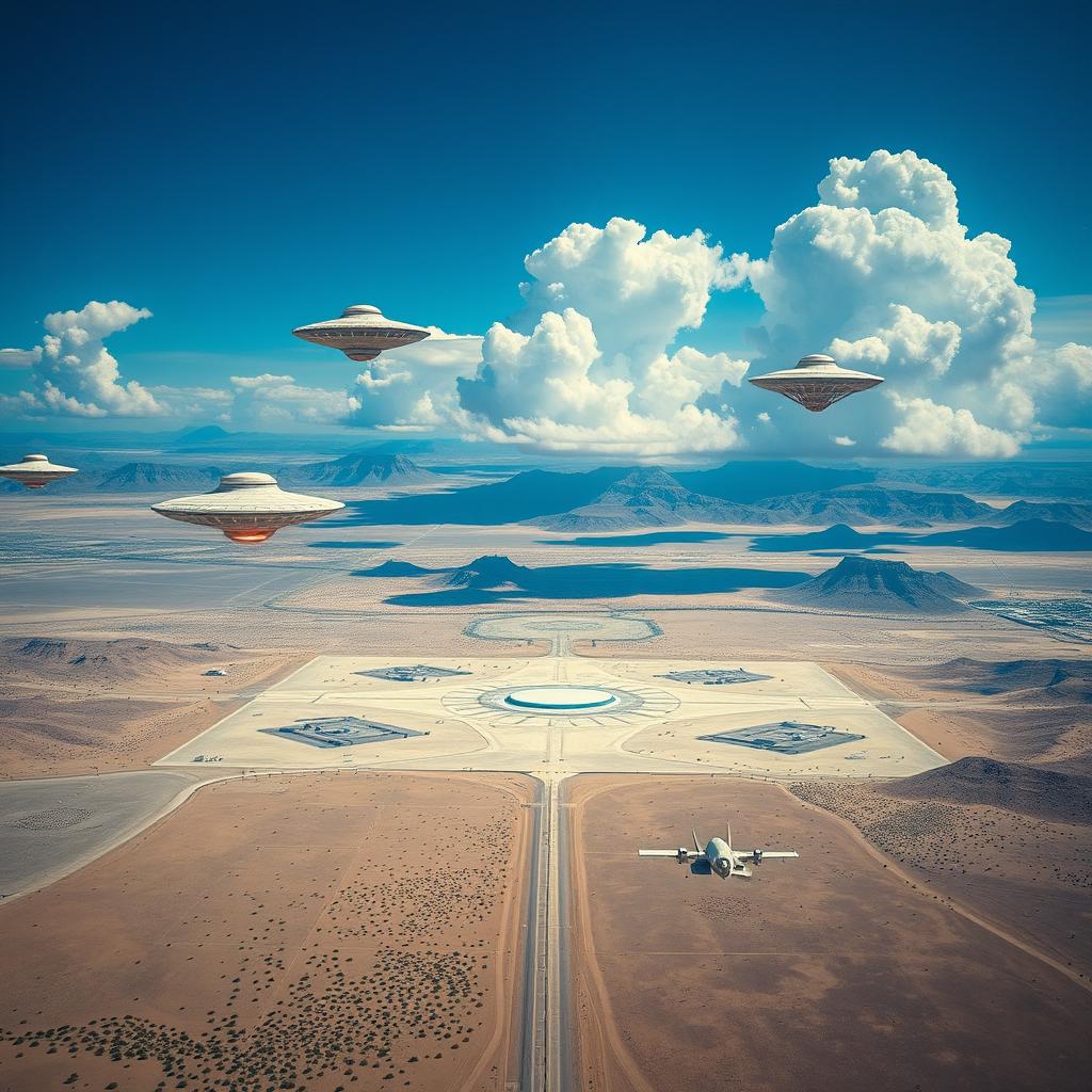An exhilarating aerial photograph captured by a drone showing UFOs hovering over Area 51