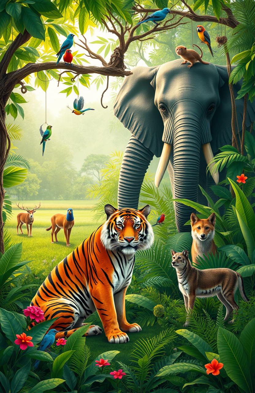 In a lush, vibrant jungle filled with rich greenery, a majestic tiger sits regally as the king of the jungle, surrounded by a diverse array of wildlife