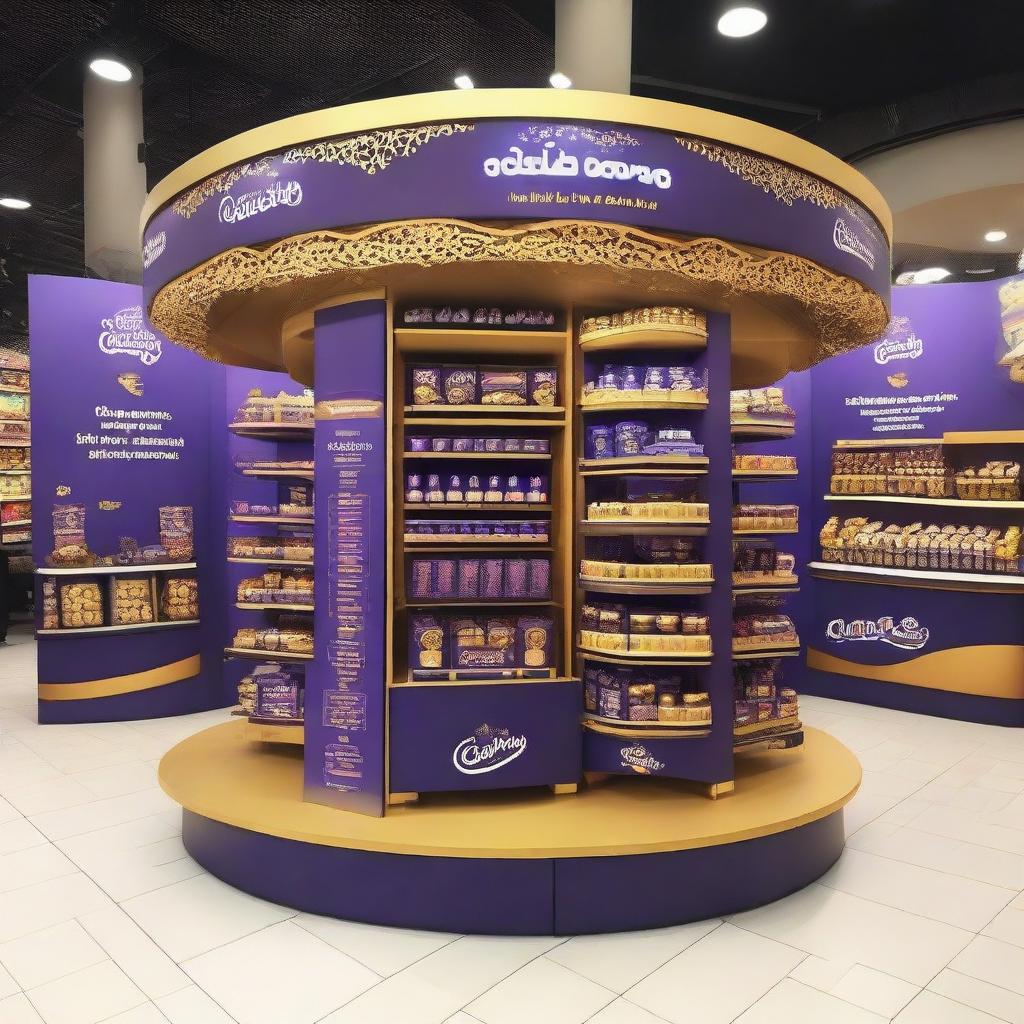 An elegantly adorned Cadbury chocolate stand at a supermarket with Ramadan-inspired motifs. This curvy, Islamic-shaped stand showcases shelves of delectable treats bathed in warm light and adorned with Ramadan lanterns, setting up a festive atmosphere.