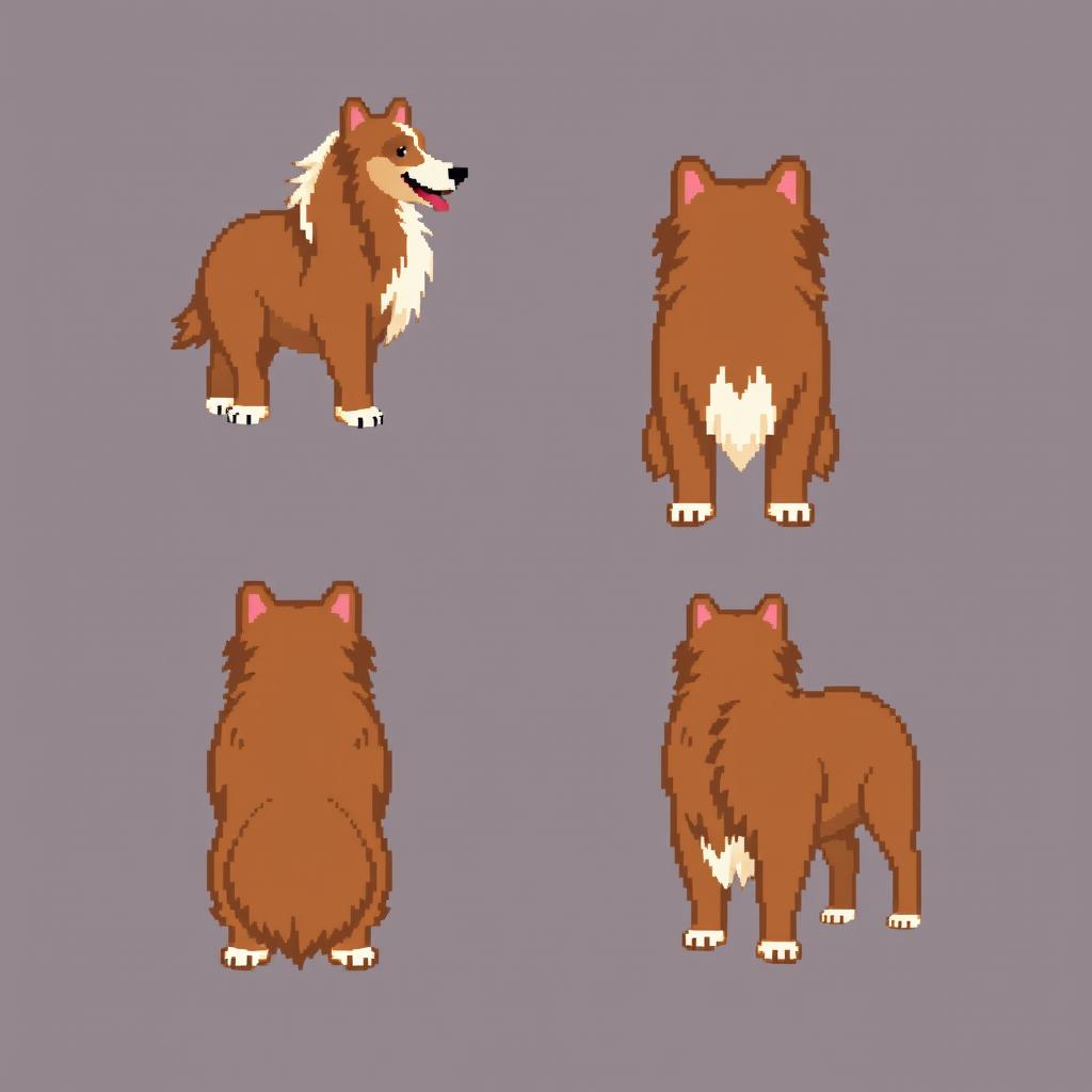 A pixel art sprite sheet featuring a brown Rough Collie dog