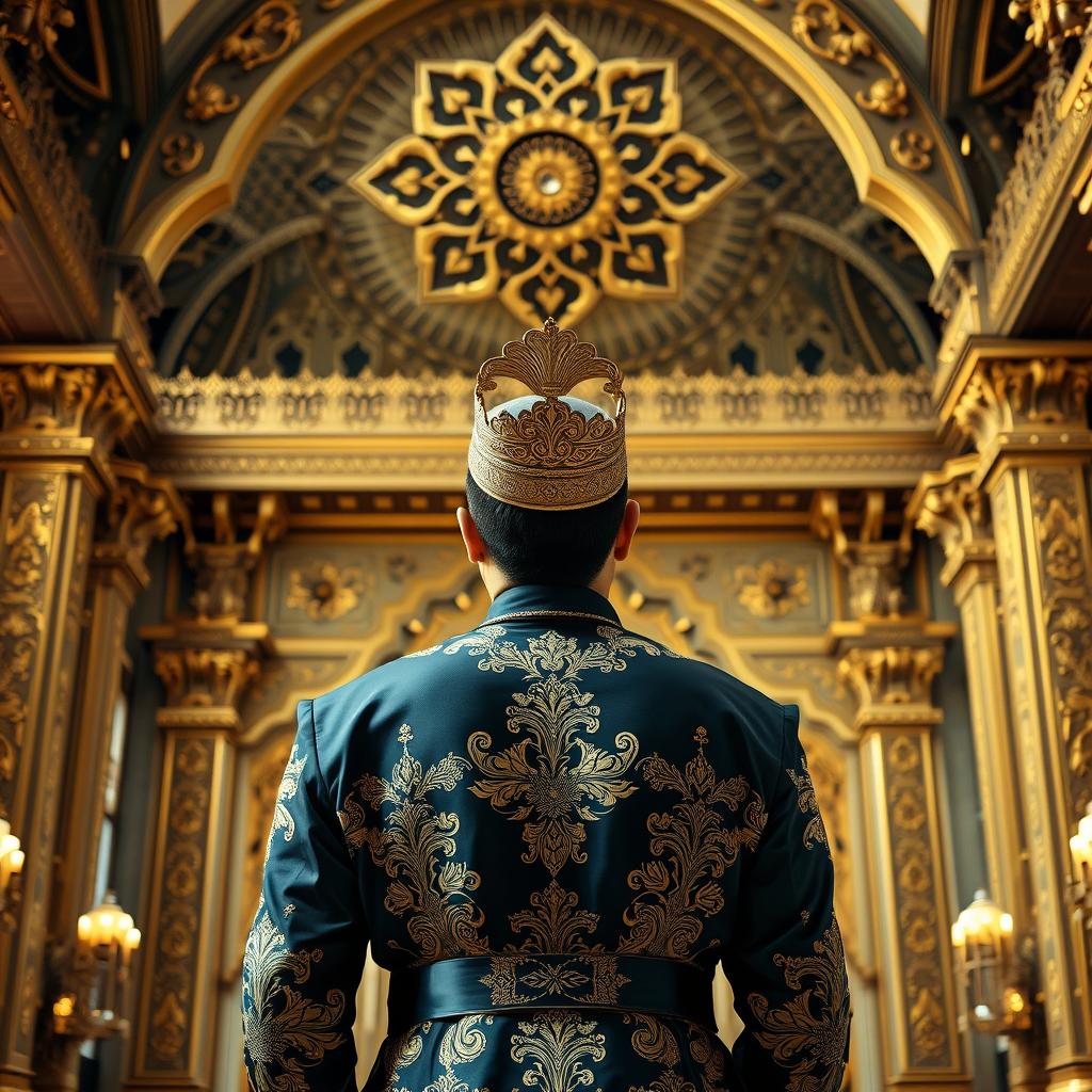 A realistic image of a 35-year-old Indonesian man dressed as a Malay king