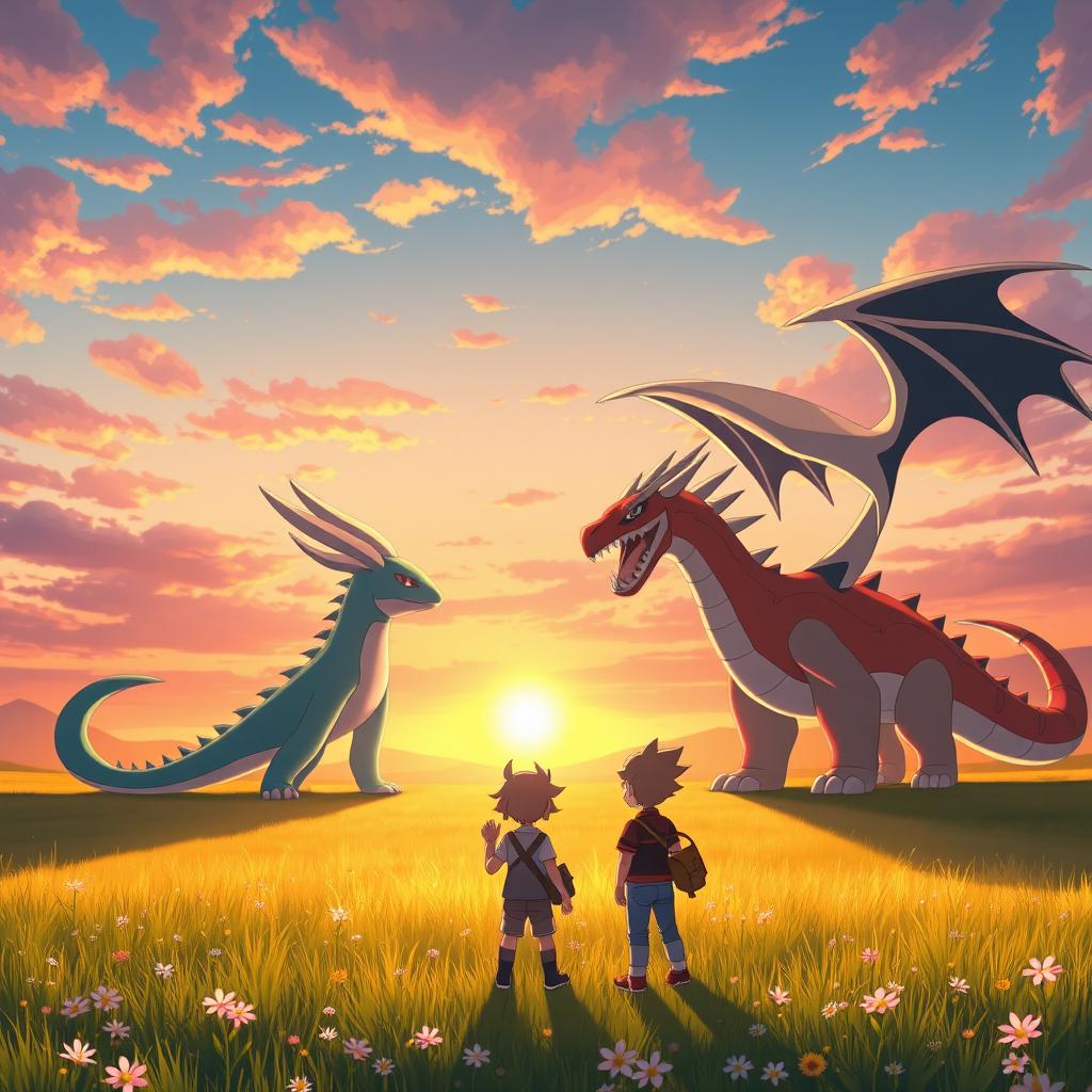 Vibrant Pokémon Meadow at Sunset