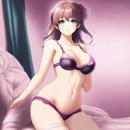 A high-quality digital art piece featuring an anime-style female character, known as a waifu, in tasteful lingerie