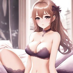 A high-quality digital art piece featuring an anime-style female character, known as a waifu, in tasteful lingerie