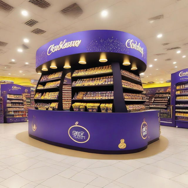 An elegantly adorned Cadbury chocolate stand at a supermarket with Ramadan-inspired motifs. This curvy, Islamic-shaped stand showcases shelves of delectable treats bathed in warm light and adorned with Ramadan lanterns, setting up a festive atmosphere.