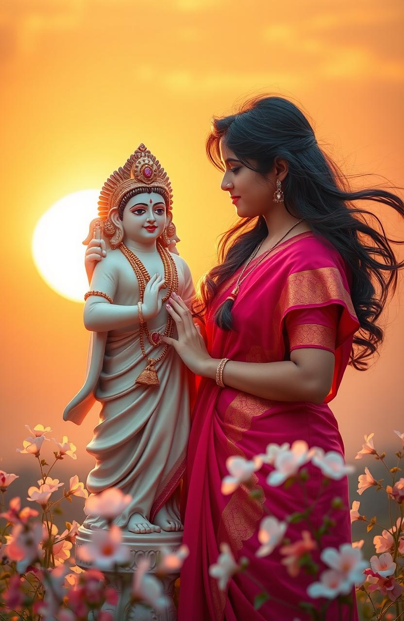 A romantic scene depicting an ordinary girl wearing a traditional saree, her hair flowing elegantly, standing with an idol that symbolizes love and devotion