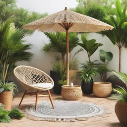 An aesthetically pleasing outdoor garden featuring a macrame umbrella, a rattan chair, and decorative bamboo accessories