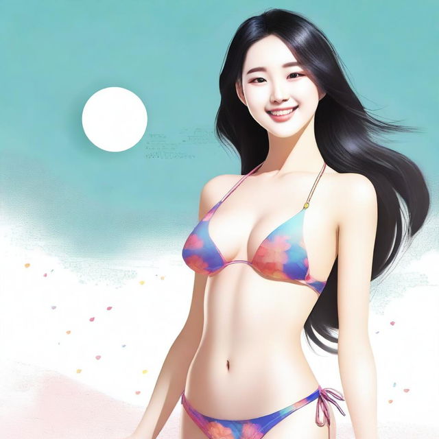 The image showcases a confident Korean girl, donned in a stylish bikini