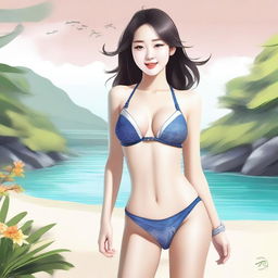 The image showcases a confident Korean girl, donned in a stylish bikini