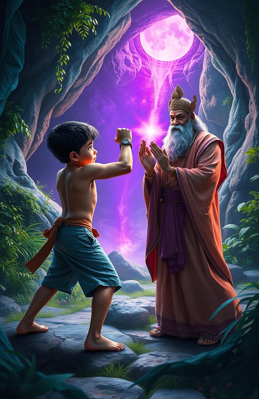A strong, courageous boy in a heroic stance, engaging in a spirited battle with a curious, wise Hindu saint, adorned in traditional attire with flowing robes and a serene expression