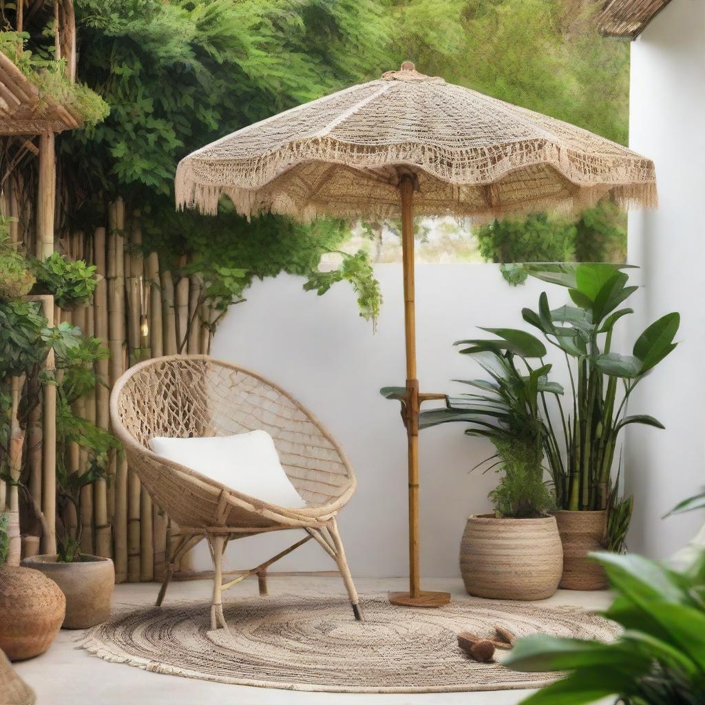 An aesthetically pleasing outdoor garden featuring a macrame umbrella, a rattan chair, and decorative bamboo accessories