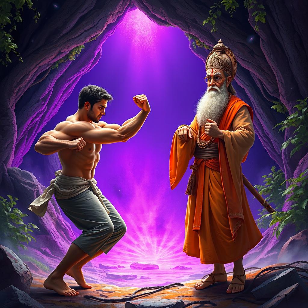 A strong, courageous man in a dynamic fighting stance, engaged in a spirited duel with a curious Hindu saint, who is dressed in traditional robes and exuding an aura of wisdom