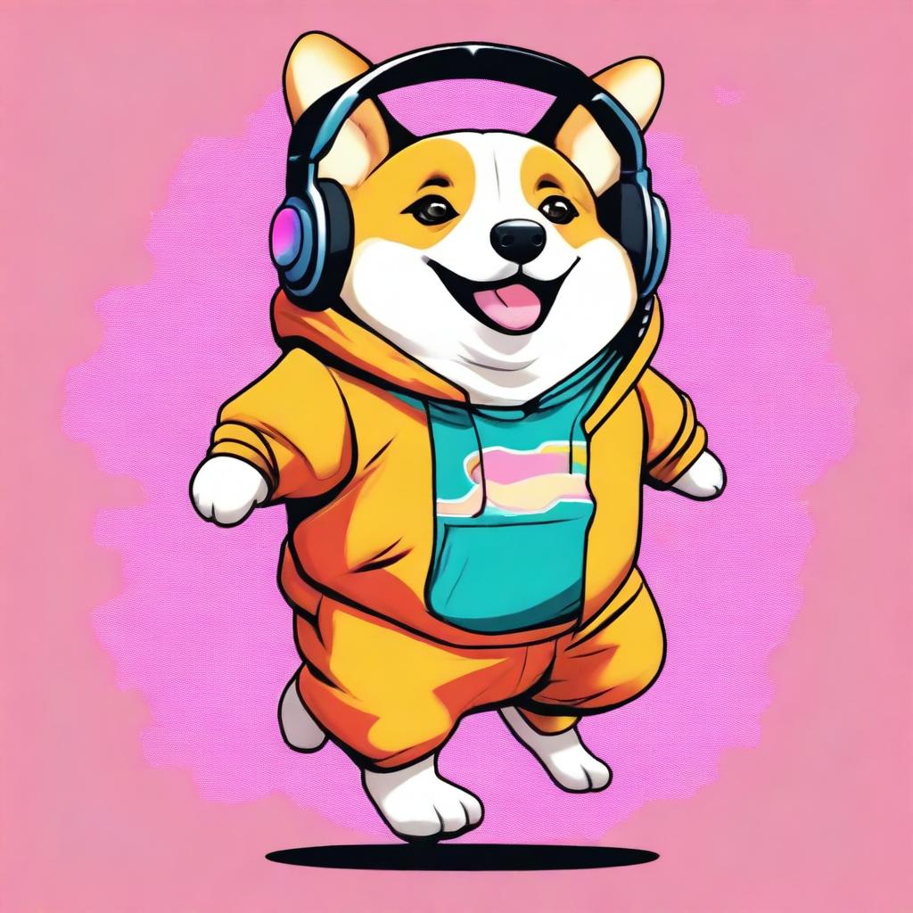 A digital art image showcasing a chubby corgi, clad in a stylish hoodie, with a pair of headphones resting on its ears