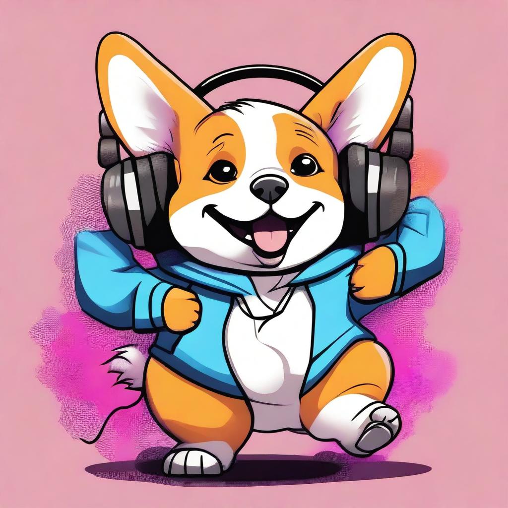 A digital art image showcasing a chubby corgi, clad in a stylish hoodie, with a pair of headphones resting on its ears