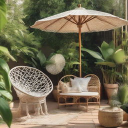 An aesthetically pleasing outdoor garden featuring a macrame umbrella, a rattan chair, and decorative bamboo accessories