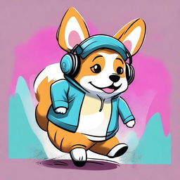 A digital art image showcasing a chubby corgi, clad in a stylish hoodie, with a pair of headphones resting on its ears