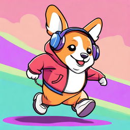 A digital art image showcasing a chubby corgi, clad in a stylish hoodie, with a pair of headphones resting on its ears