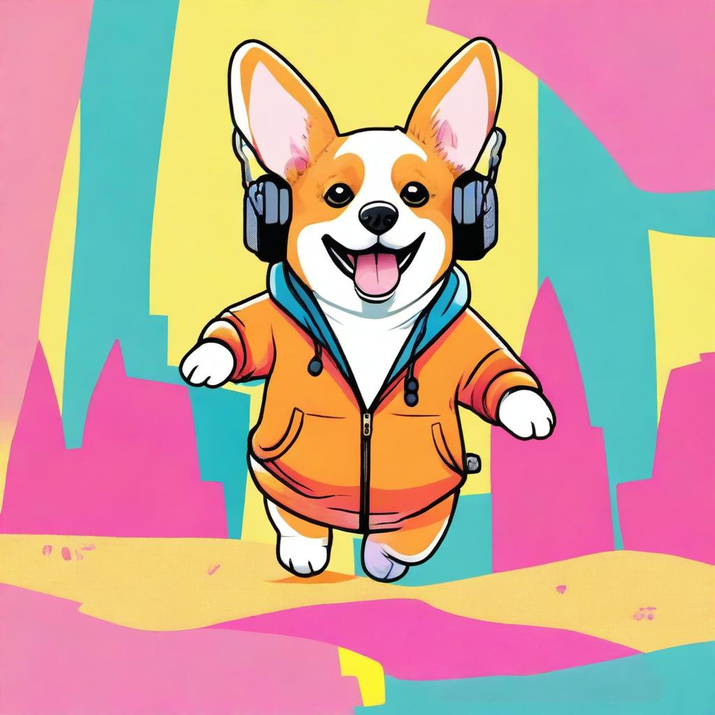 A high-resolution photograph showcasing a real-life corgi, chubby and adorable, donning a stylish hoodie, with a pair of headphones resting on its ears