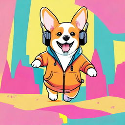 A high-resolution photograph showcasing a real-life corgi, chubby and adorable, donning a stylish hoodie, with a pair of headphones resting on its ears