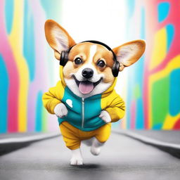 A high-resolution photograph showcasing a real-life corgi, chubby and adorable, donning a stylish hoodie, with a pair of headphones resting on its ears